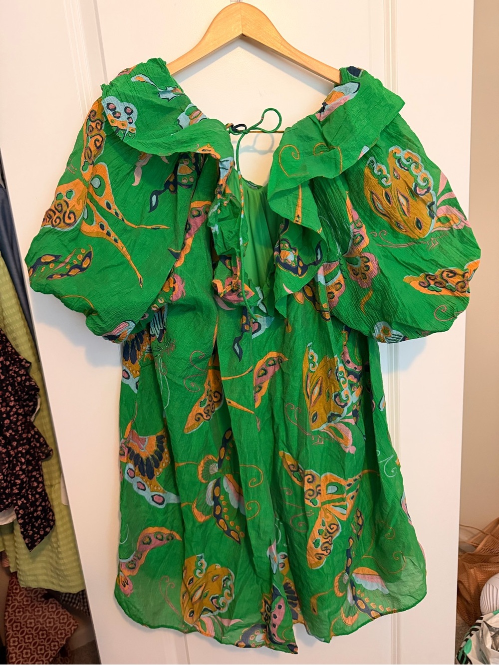 H&M Green Butterfly-Print Mini Dress with Puff Sleeves